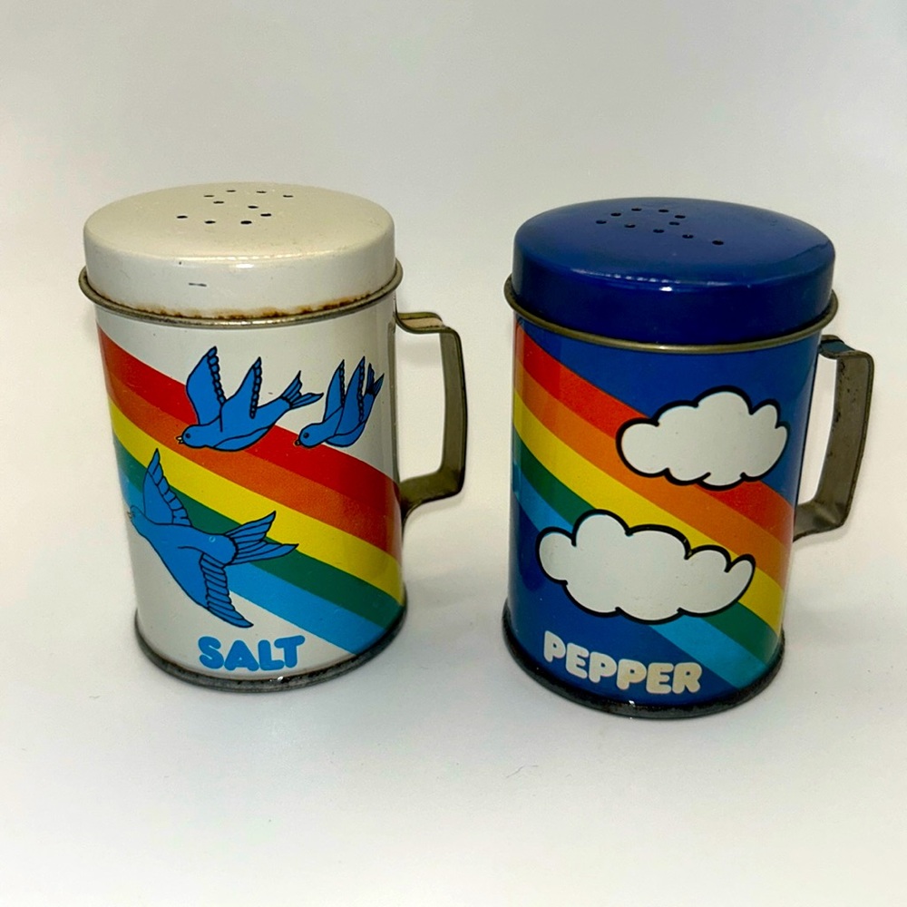 Vtg  Tin Rainbow and Birds Salt & Pepper Shakers